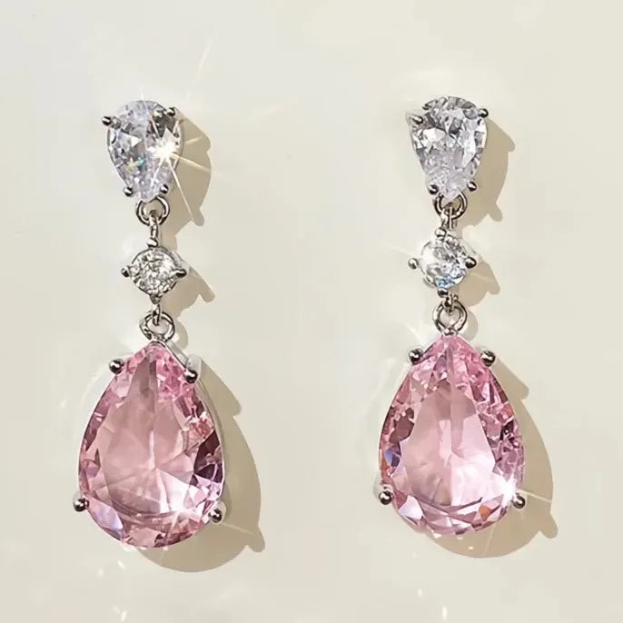 Temperament Sweet Pink Pear Cubic Zirconia Drop Earrings for Women Engagement Party Jewelry