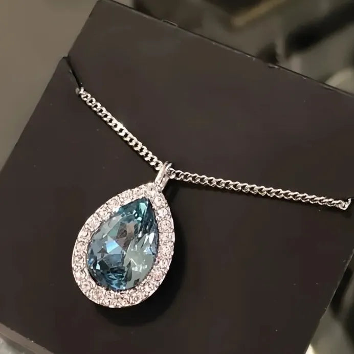 Geometric Drop Pendant Necklace with Bright Blue Zirconia for Weddings