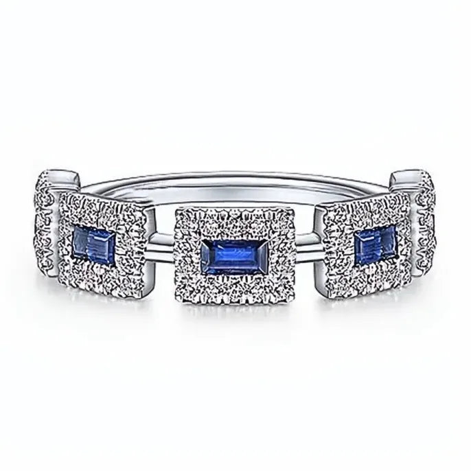Geometric White Blue CZ Wedding Band Ring for Women Brass Jewelry