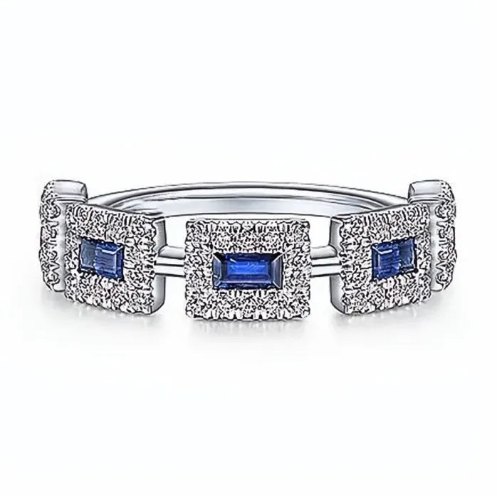 Blue CZ Geometric Brass Wedding Band Ring for Women, Sparkling White