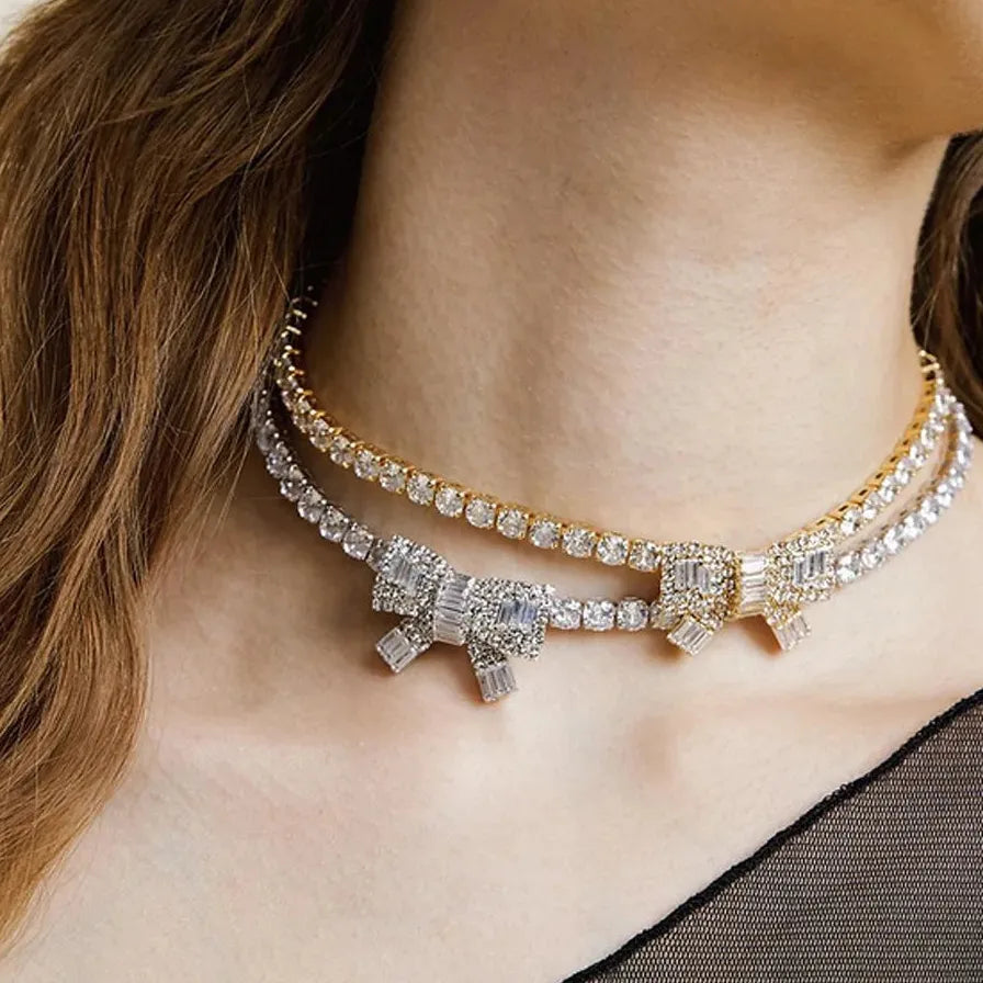 18K Gold Plated Bow Knot CZ Zircon Clavicle Necklace for Women Elegant Jewelry