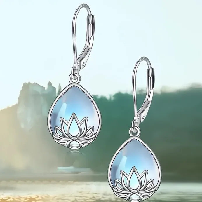 Geometric Pear Imitation Opal Drop Earrings Lotus Setting for Women