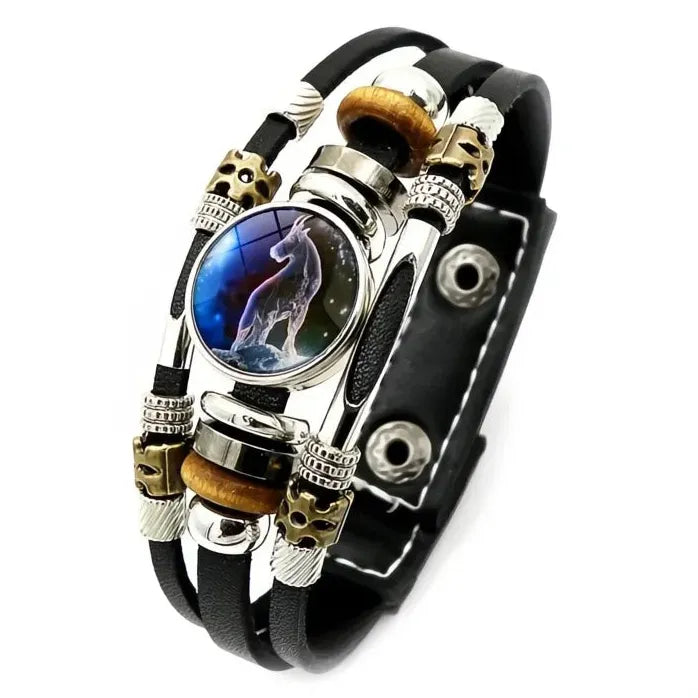 12 Constellation Zodiac Leather Bracelet with Glass Snap Button Unisex