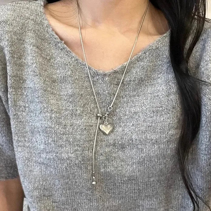 Stainless Steel Heart Pendant Necklace with Round Ball Sweater Chain for Women