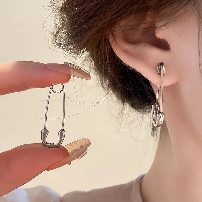 Unisex Punk Rock Safety Pin Metal Stud Earrings Geometric Jewelry for Women Men