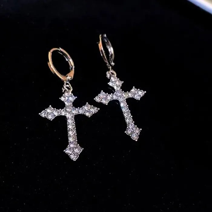 Korean Fashion Stainless Steel Cross Earrings with Rhinestone Zircon