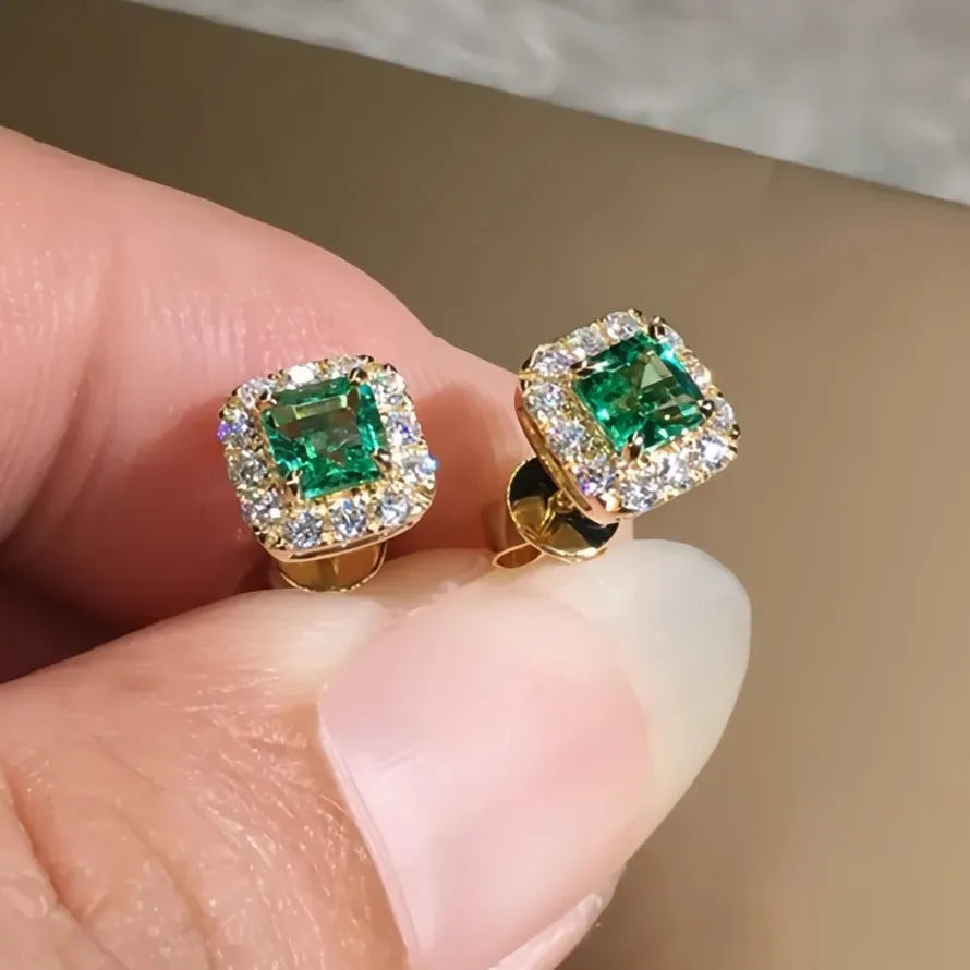 Green CZ Square Stud Earrings Gold Color Brass Luxury Wedding Jewelry