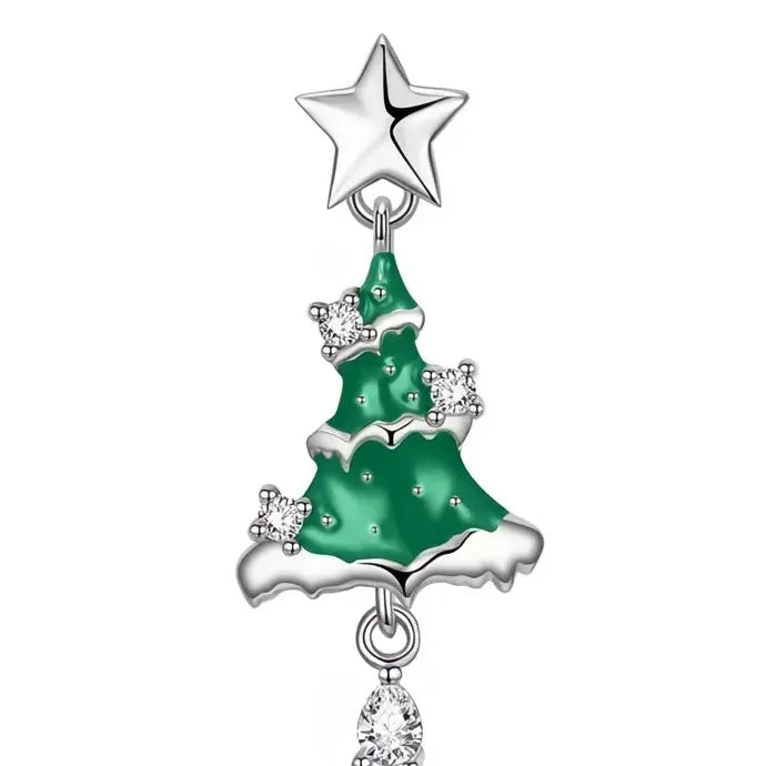 Green Christmas Tree CZ Enamel Pendant Necklace Brass Alloy Handmade Gift