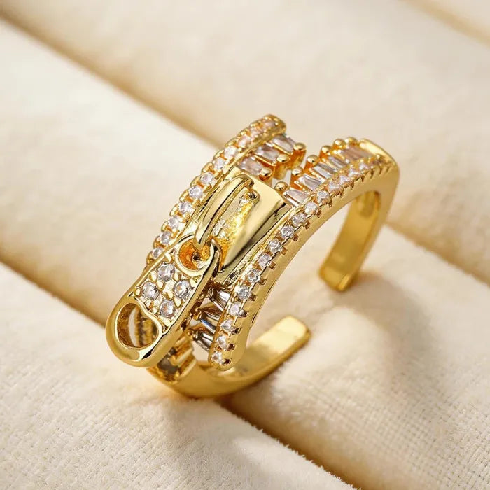 Copper Metal Zipper Open Ring Featuring Zircon Crystal for Women Personality