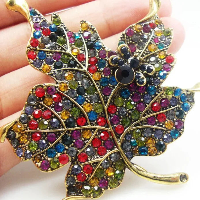 Vintage Multi-Color Rhinestone Crystal Maple Leaf Brooch Pin for Women