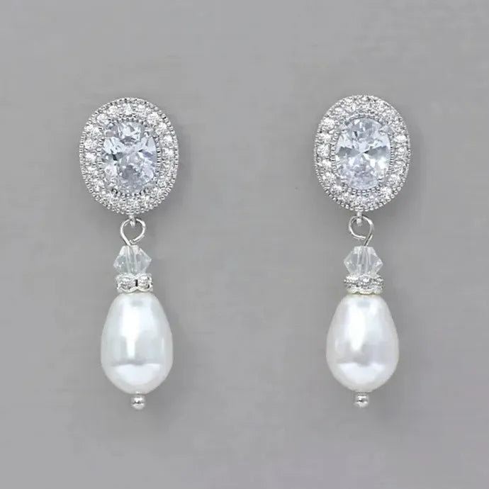 Silver Princess Cut Oval Zircon Earrings with Imitation Pearl Pendant for Women