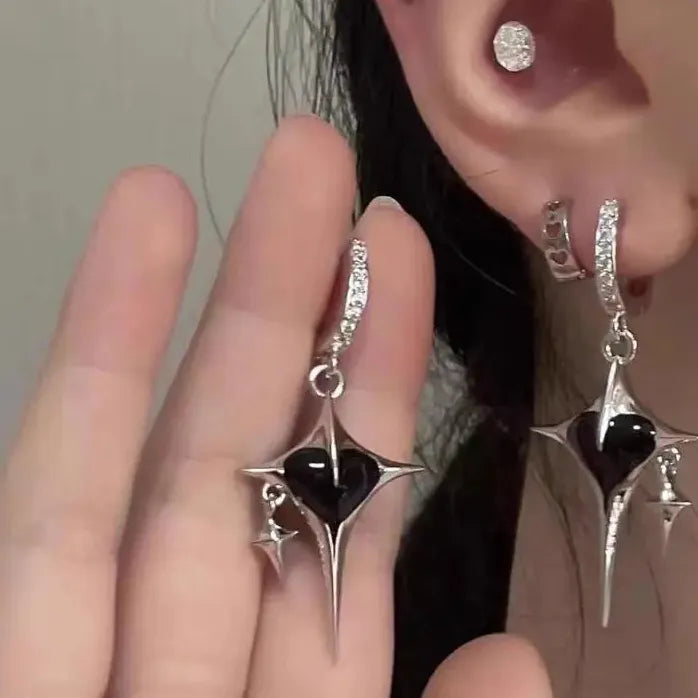 Star Cross Drop Earrings Black Zircon Heart Jewelry for Women Girls