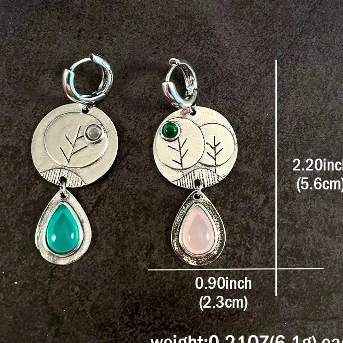 Retro Waterdrop Flower Leaf Geometric Pink Green Gemstone Silver Earrings Women