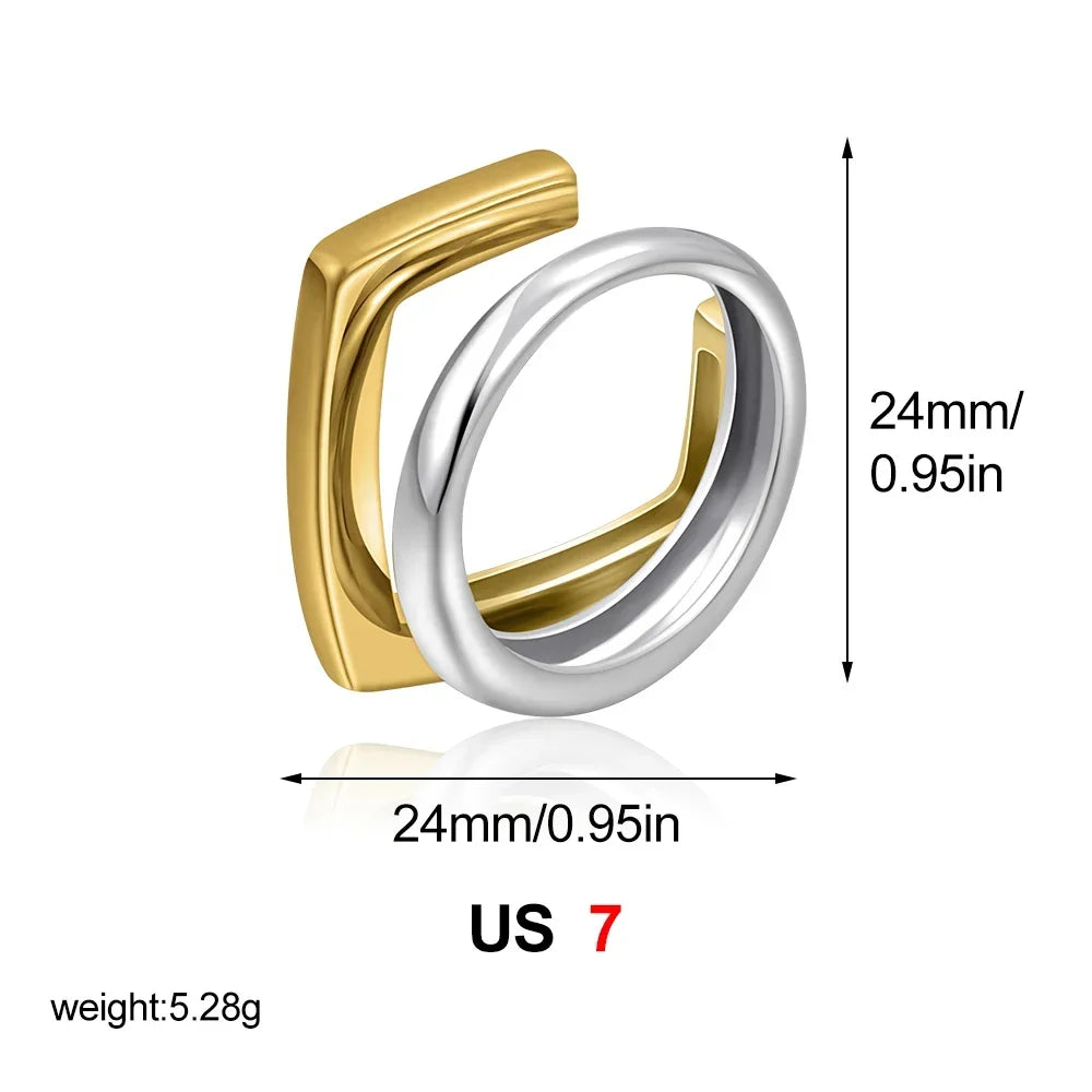 18k Gold Plated Stainless Steel Geometric Double-Layer Ring for Women