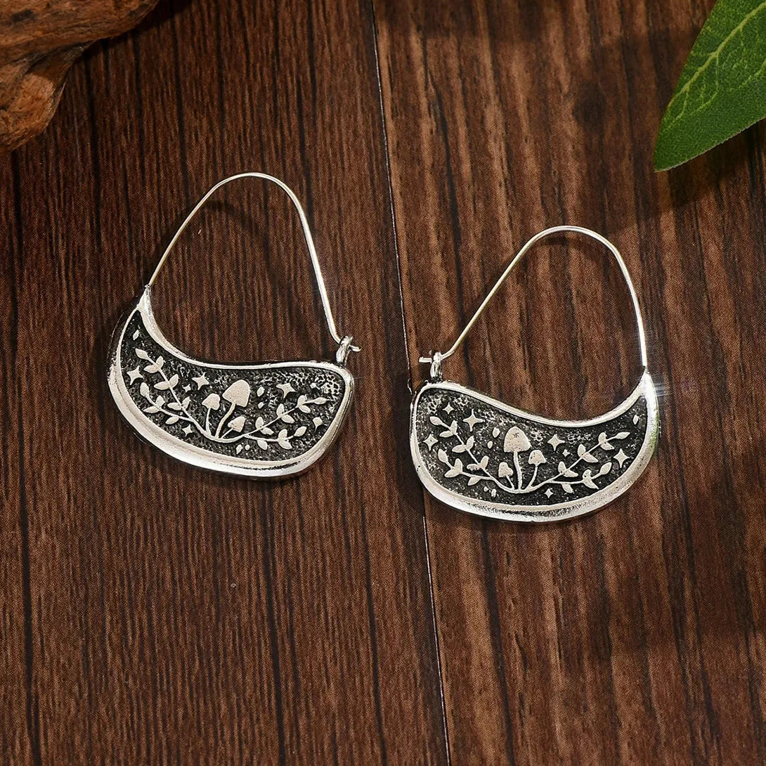 Boho Vintage Silver Color Flower Hoop Earrings for Women Copper Metal