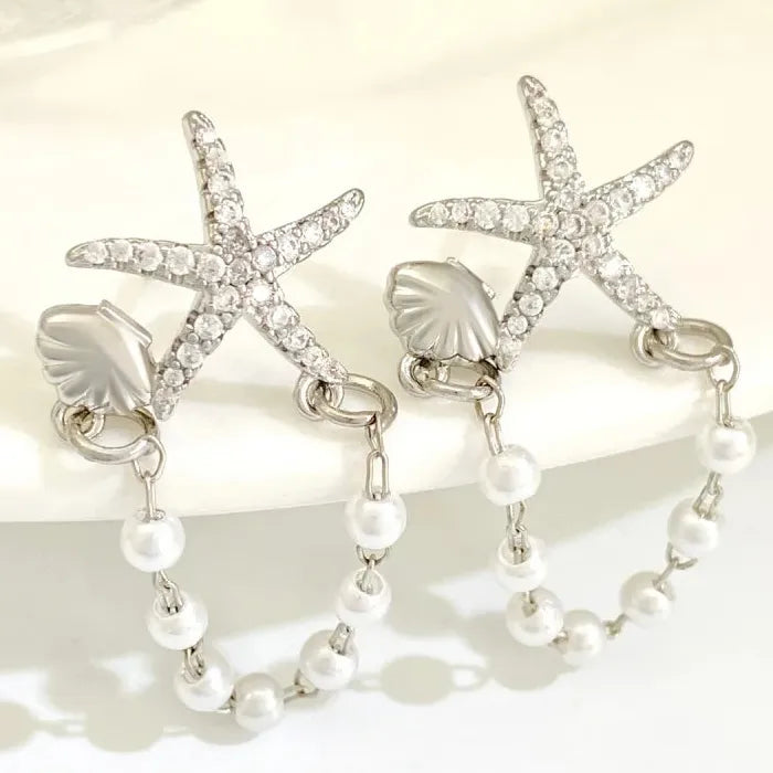 Starfish Shell Pearl Drop Earrings Zinc Alloy Bohemian Beach Jewelry Gift