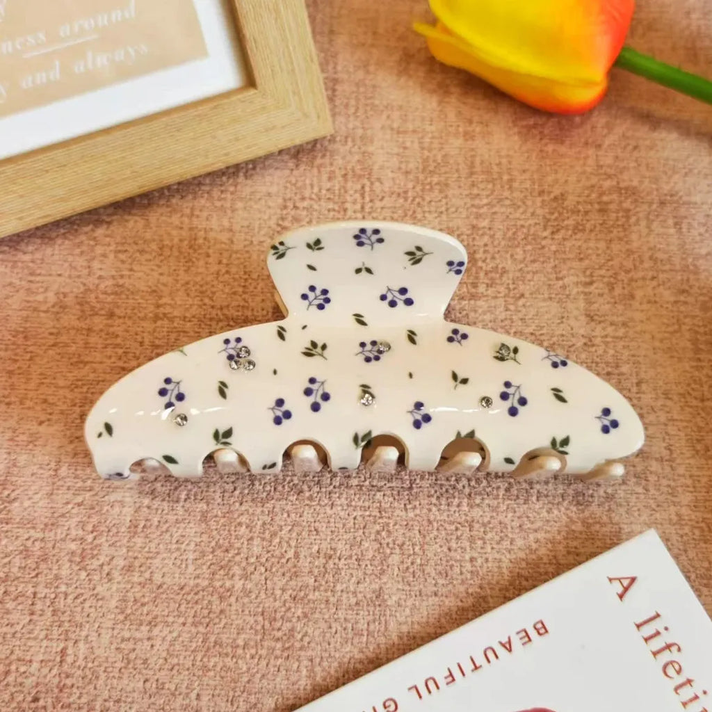 Rectangular Sweet Cherry Flower Print Rhinestone Hair Claw Clip for Women