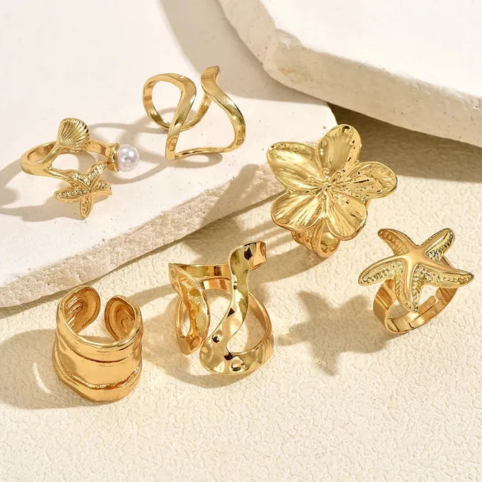 6Pcs Adjustable Vintage Pearl Flower Starfish Rings for Women Gift Set