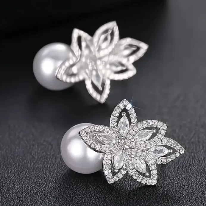 Elegant Pearl & Cubic Zirconia Geometric Flower Drop Earrings for Weddings