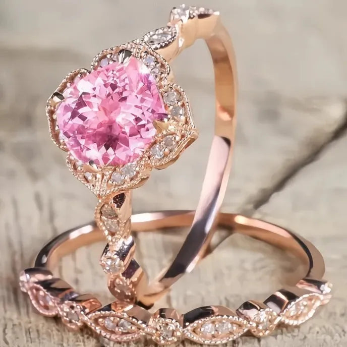 White Champagne Pink CZ 2Pcs Rose Gold Zinc Alloy Wedding Rings for Women Party Jewelry