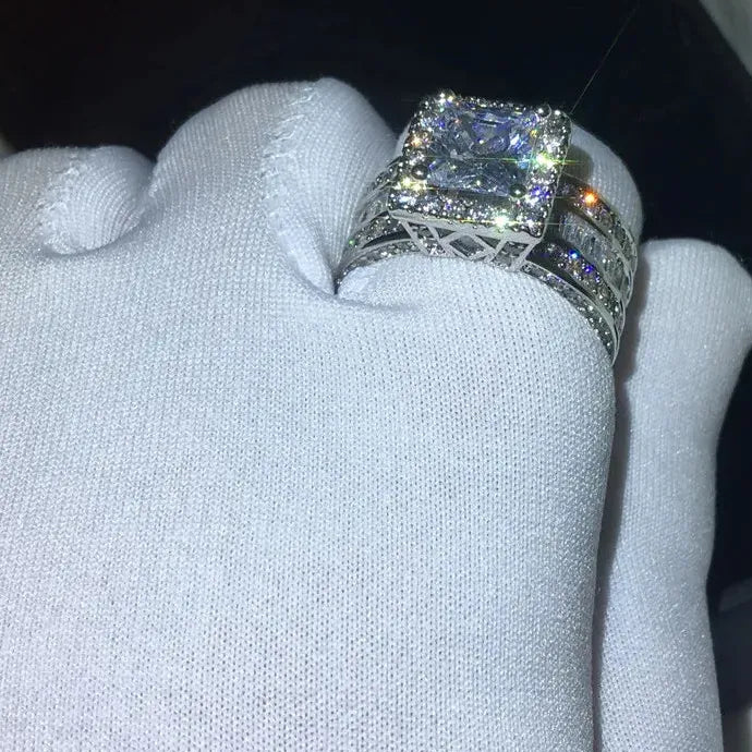 Elegant Shiny Halo Zinc Alloy Ring Square Cut Zircon Wedding Engagement Gift