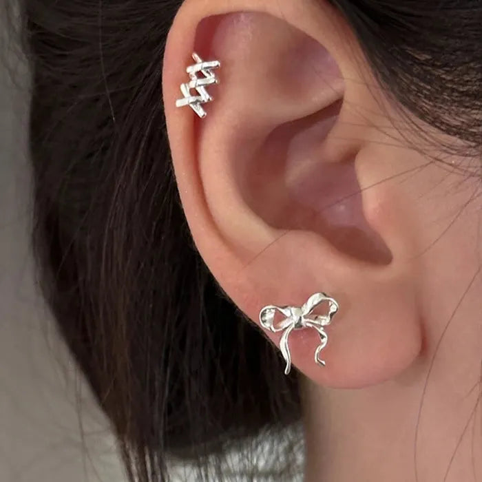 Small Silver Geometric Bow Stud Earrings for Women Zinc Alloy Jewelry