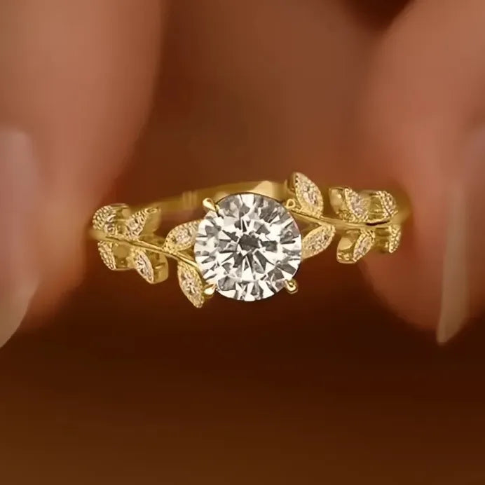 Elegant Women’s Geometric Leaf Design Brass CZ Wedding Band Ring Gift