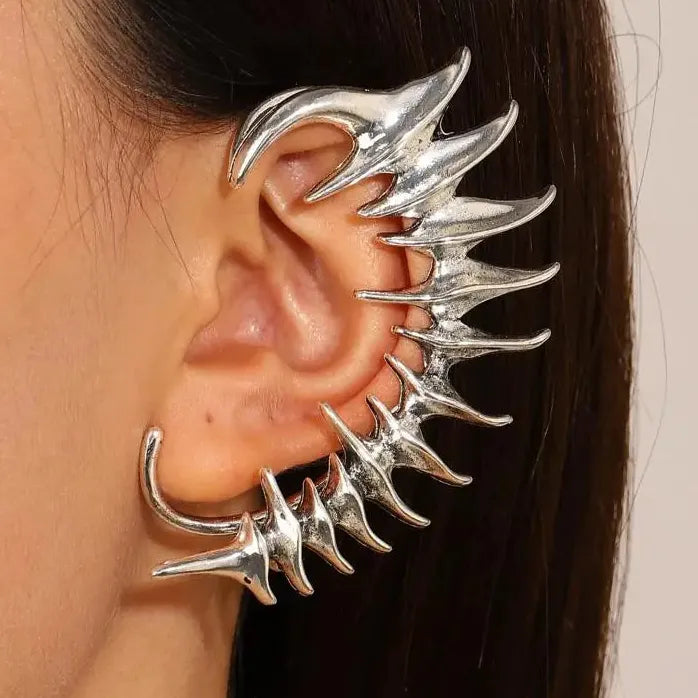 2024 Punk Skeleton Spike Silver Metal Clip-On Earrings Unisex Gift Jewelry