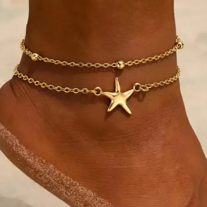 2Pcs Stainless Steel Star Double-Layer Waterproof Anklets for Women
