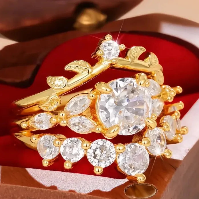 Women Wedding Ring Set 2Pcs Leaf Design Luxury Cubic Zirconia Jewelry