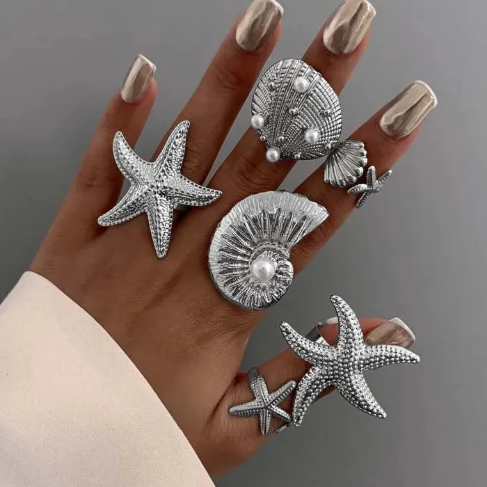 6Pcs Vintage Gold Starfish Pearl Knuckle Rings Set for Women Jewelry