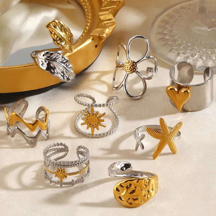 Adjustable Stainless Steel Geometric Heart Flower Ring for Women Jewelry Gift