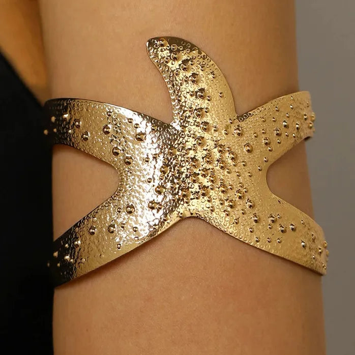 Bohemia Metal Large Starfish Hammer Texture Adjustable Bangle Bracelet Women