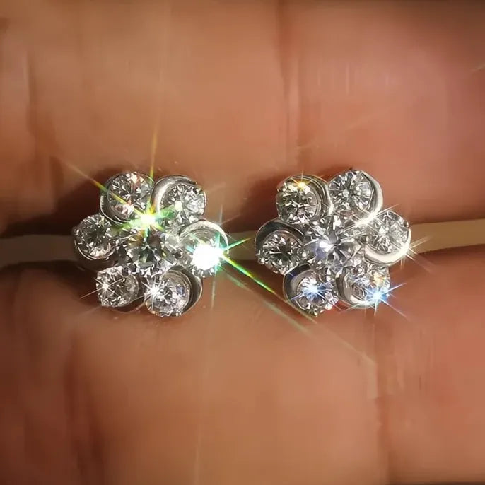 Flower-Shaped Geometric Stud Earrings with Cubic Zirconia in Copper Alloy