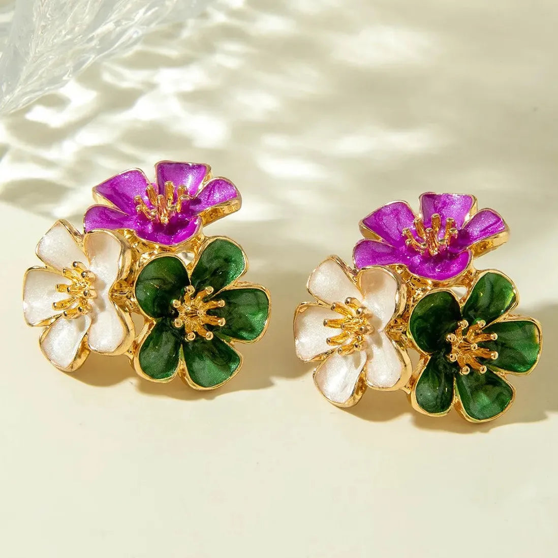 Vintage Metal Drip Oil Five Petal Flower Stud Earrings for Women Gift