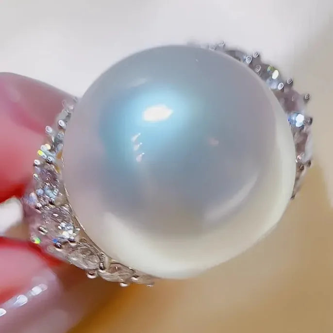 Iced Out CZ Simulated Pearl Wedding Ring for Women Silver Brass Full Bling