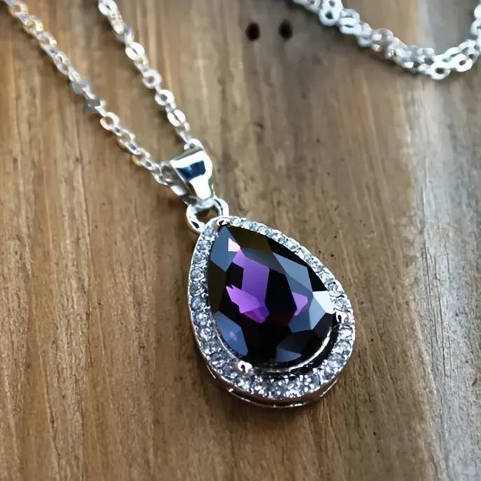 Purple Cubic Zirconia Geometric Waterdrop Pendant Necklace 45CM Copper Alloy