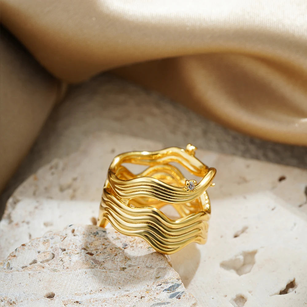 Hollow Twisted Wave Wide Knuckle Ring for Women Stainless Steel CZ Zircon Charm