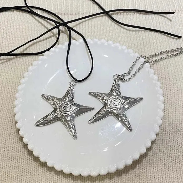 Exaggerated Metal Starfish Pendant Necklace Women Gothic Hip Hop Silver Y2K Jewelry