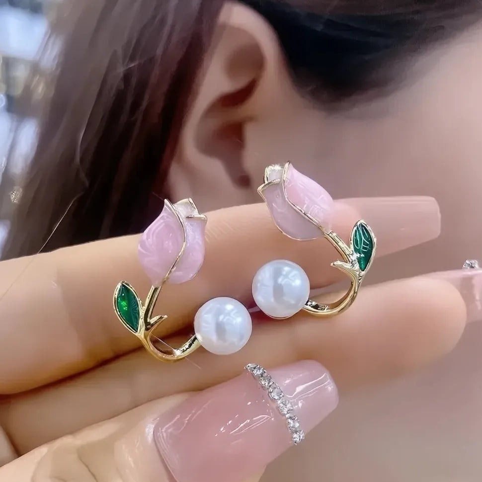 Pink Rose Geometric Stud Earrings with Simulated Pearl Copper Alloy Jewelry