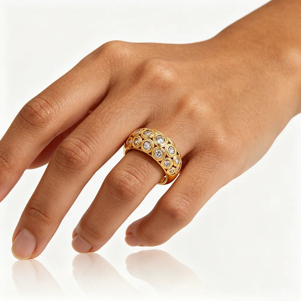 Italy Geometric CZ Zircon Wide Dome Sparkling Wedding Ring Stainless Steel Jewelry