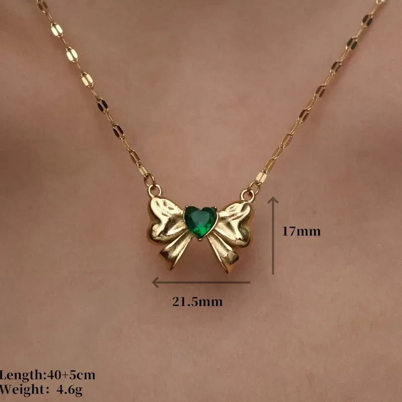 18K Gold Plated Stainless Steel Bow Necklace Women Multicolor Heart Zircon Gift Jewelry