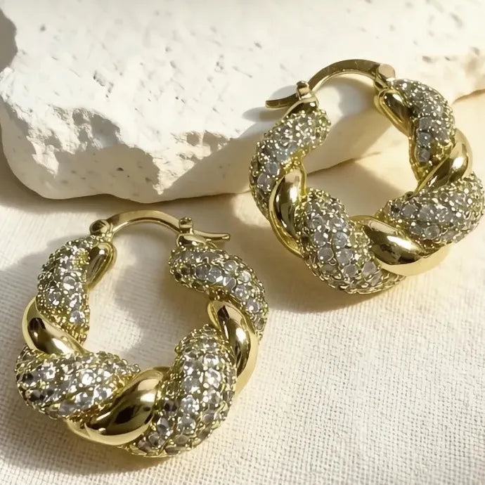 Chunky Twist Gold Cubic Zirconia Huggie Earrings Copper Alloy Geometric Drop