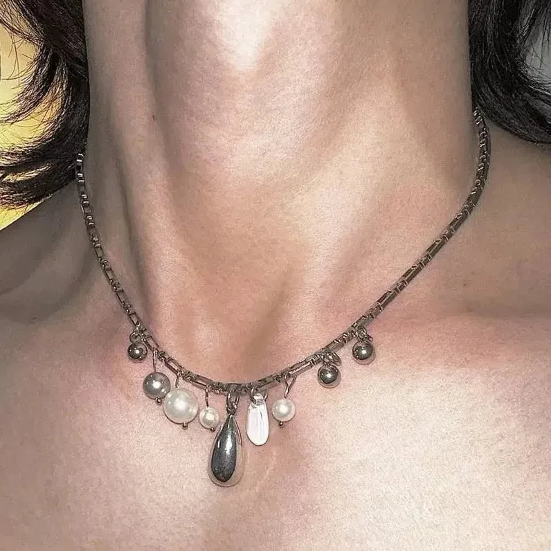 Double Layered Pearl Necklace Men Women Gothic Y2K Iris Charm Pendant