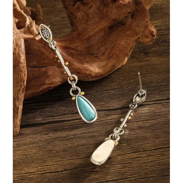 Vintage Synthetic Turquoise Water Droplet Long Pendant Earrings Zinc Alloy Bohemian Jewelry for Women