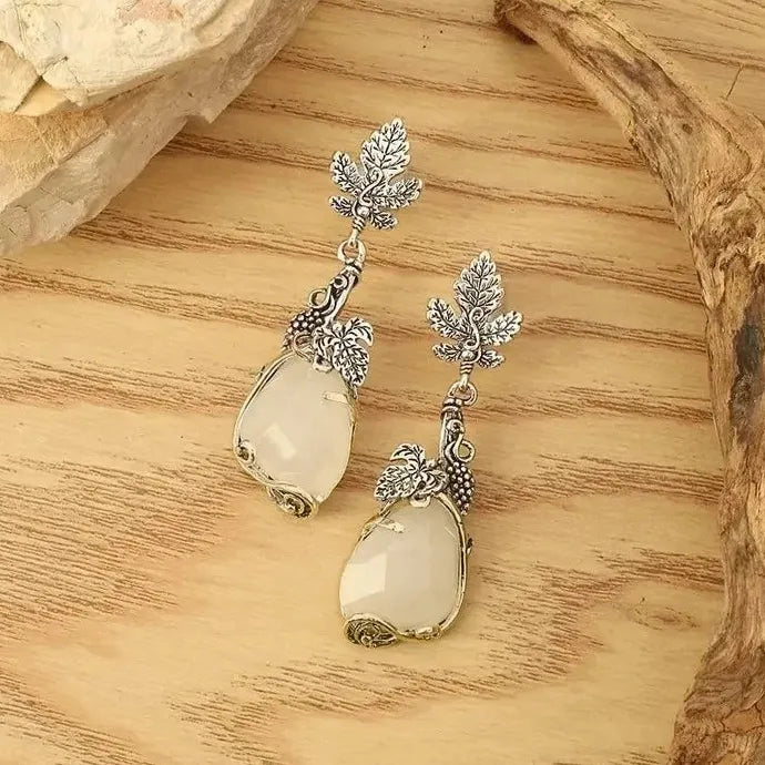 Vintage Silver Color Maple Leaf Dangle Earrings White Stone Water Droplets for Women