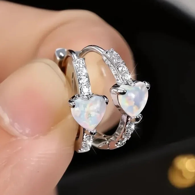 Geometric Imitation Opal Heart Hoop Earrings with Cubic Zirconia for Women