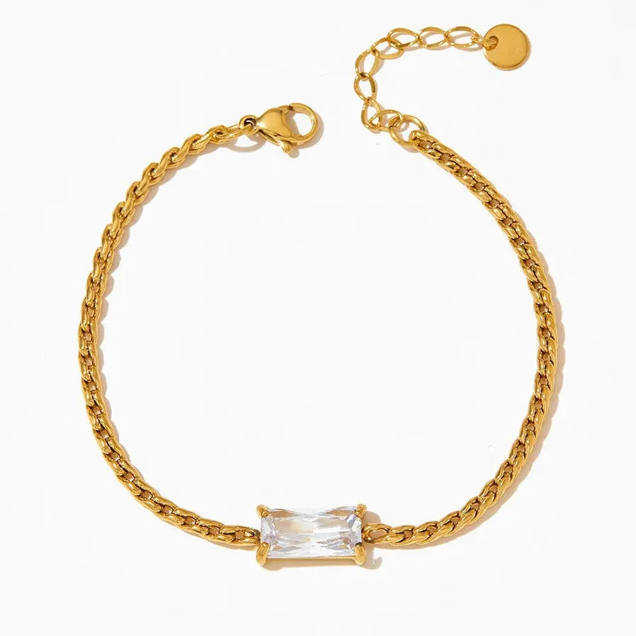 18K Gold Plated Stainless Steel Flat Snake Chain CZ Bracelet for Women Stylish