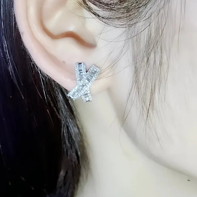 X Shaped Copper Alloy Stud Earrings with White Cubic Zirconia for Wedding