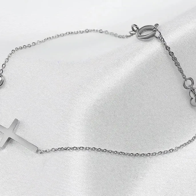 Copper Link Chain Bracelet with Cubic Zirconia Cross Charm Faith Jewelry